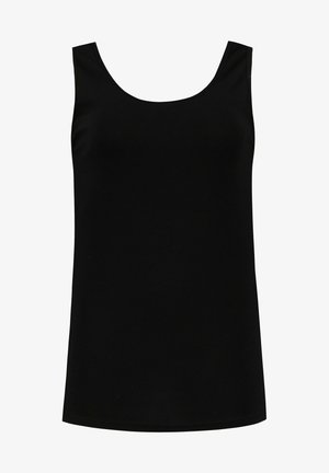 Black tank top made of stretchy fabric, featuring a scoop neckline and a fitted silhouette with no visible patterns or accents.