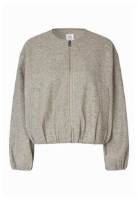 Grå, cropped bomberjakke med rund hals, glidelås foran og elastiske mansjetter. Teksturert stoff med sidelommer.