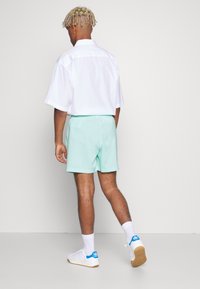 Hvid kortærmet skjorte parret med mintgrønne shorts, hvide sneakers med blå accenter og hvide sokker. Minimalistisk design og afslappet fit.