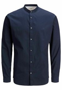 Maglietta a maniche lunghe blu navy con colletto a fascia, bottoni frontali e logo ricamato discreto. Tessuto liscio e design aderente.