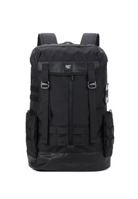 Schwarzer Rucksack aus strapazierfähigem Material, mit modularer Bauweise, mehreren Riemen, Seitentaschen und einer strukturierten Unterseite, geeignet für verschiedene Aktivitäten.