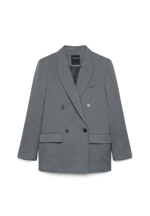 Grau gestreifter, zweireihiger Blazer mit Kerbkragen, vier schwarzen Knöpfen, zwei Pattentaschen und schwarzem Innenfutter.