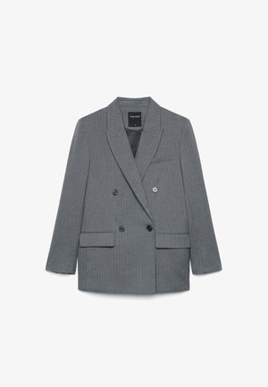 Grau gestreifter, zweireihiger Blazer mit Kerbkragen, vier schwarzen Knöpfen, zwei Pattentaschen und schwarzem Innenfutter.