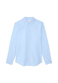 Chemise bleu clair à manches longues avec boutons, col pointu et boutons blancs, présentée sur un fond blanc.