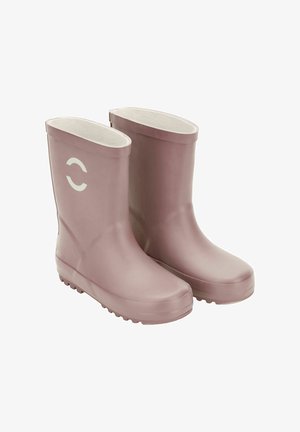 Bottes de pluie en caoutchouc lilas avec une finition lisse, doublure intérieure blanche et semelle texturée pour l'adhérence, arborant un logo circulaire sur le côté.