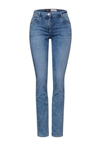 Jeans skinny de denim azul claro con una cintura alta, que presentan un cierre de botón, cinco bolsillos y detalles de costura sutiles.