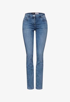 Jeans skinny in denim blu chiaro con vita alta, dotati di chiusura con bottoni, cinque tasche e dettagli di cucitura sottili.