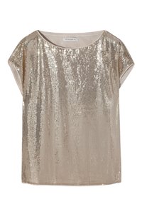 Guldsequin-top med korte dolmanærmer, afslappet pasform og rund halsudskæring. Stoffet har en glitrende, struktureret overflade.