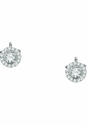 Runde Ohrstecker mit einem zentralen klaren Stein, umgeben von kleineren klaren Steinen, in silberfarbigem Metall eingefasst.