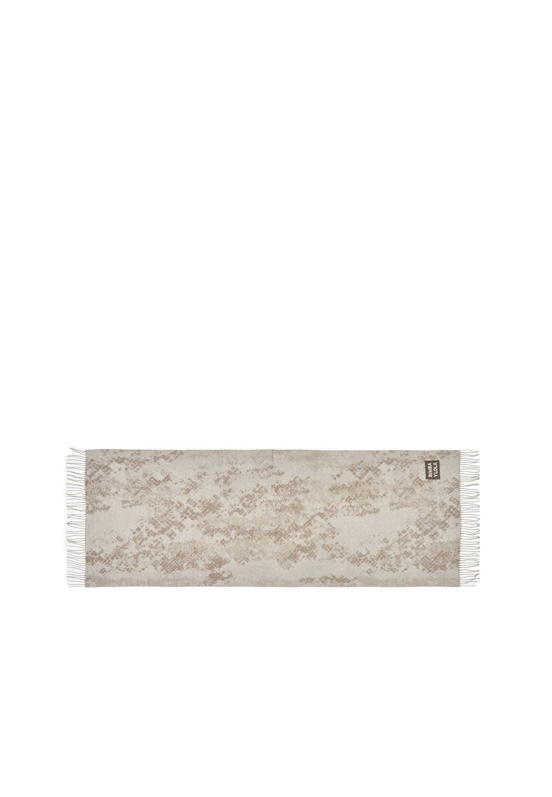 Beige geweven tapijt met een gestructureerd diamanteffect, franjes aan de randen en een subtiel gevarieerd oppervlak, met een lengte van ongeveer 2 meter.