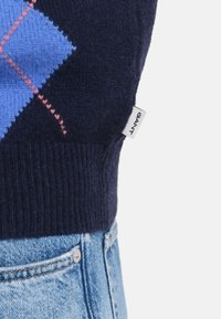 Nahaufnahme des safranblauen Argyle-Pulloversaums mit einem hellblauen und rosa Muster, das das weiße GANT-Markenetikett über hellblauen Jeans zeigt.