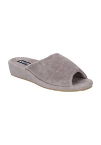 Gray mules with a soft fabric upper, open toe design, and a cushioned sole. The material has a textured finish. Low wedge heel.