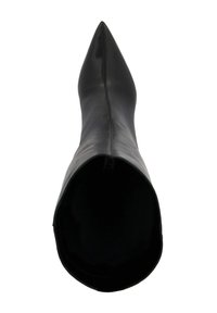 Black pointed-toe ankle boot in smooth leather with a form-fitting design, featuring a seamless upper and a sleek silhouette.