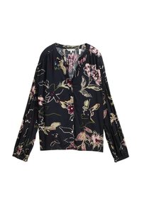 Svart långärmad blus med rosa, grön och beige blommönster, knäppning framtill och rund halsringning.