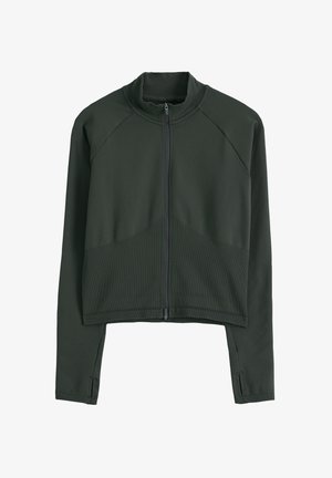 Donkergroene lange mouwen jas met ritssluiting, hoge kraag en duimgaten aan de manchetten, met een getextureerd paneel aan de onderkant van de voorkant.