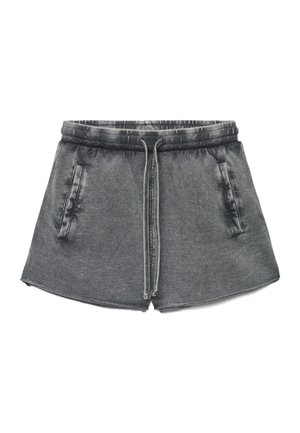 Grau gewaschene Stoffshorts mit elastischem Bund, vorderem Kordelzug und zwei seitlichen Reißverschlusstaschen.