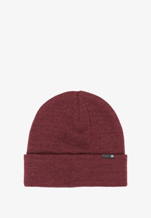 Burgundy knit beanie with a folded cuff, smooth texture, and small black logo tag on the side.