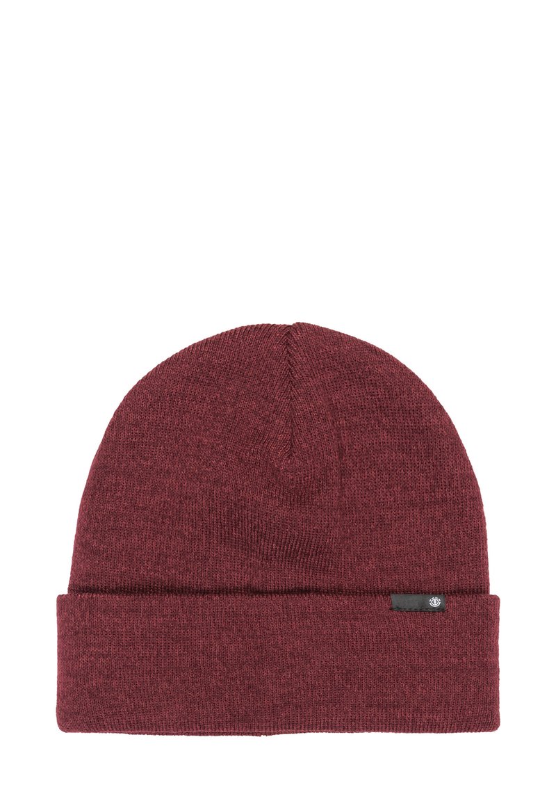 Burgundy knit beanie with a folded cuff, smooth texture, and small black logo tag on the side.