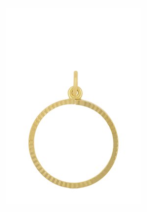 Ciondolo circolare dalla texture dorata con un piccolo anello per attaccarlo a una collana o a un braccialetto, isolato su sfondo bianco.