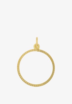 Ciondolo circolare dalla texture dorata con un piccolo anello per attaccarlo a una collana o a un braccialetto, isolato su sfondo bianco.