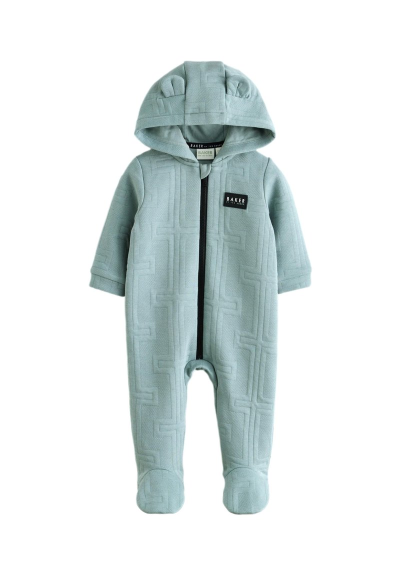 Lyseblå hættetrøje-dragt i tekstureret stof med en lynlås foran, bjørneører på hætten og et logopatch på brystet.