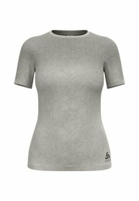 Short-sleeve athletic shirt in light gray with mesh panels, smooth texture, subtle marbling, and logo printed on the bottom right.