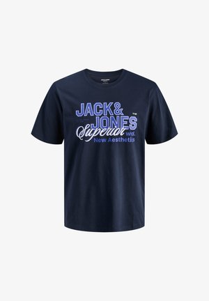 Navy blue cotton t-shirt featuring bold white and light blue text: "JACK & JONES Superior" and "New Aesthetics," round neckline, short sleeves.