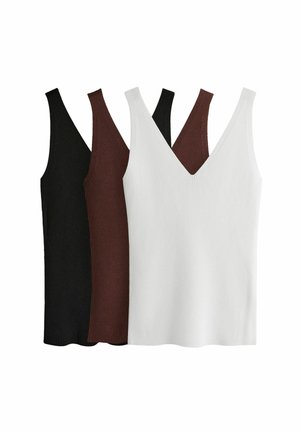 Kolme ribbine tank toppe mustas, pruunis ja valges. Igal on sügav V-kaelus ja minimalistlik siluett. Tekstuuriga kangas.
