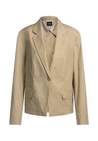Beige bleiseri, valmistettu kevyestä kankaasta, jossa on yksi nappi, viistetyt kaulukset ja kaksi etutaskua.