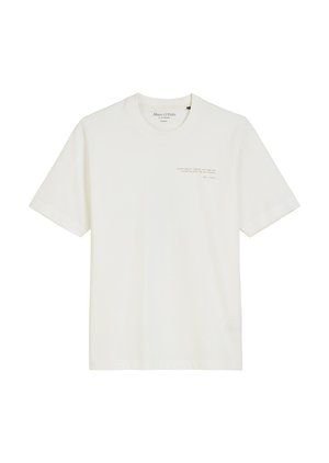 Weißes Baumwoll-T-Shirt mit Rundhalsausschnitt, kurzen Ärmeln und einem dezenten Drucktext-Detail auf der Vorderseite. Glatte Textur und lässige Passform.