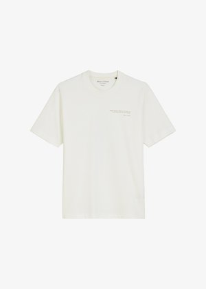 White cotton t-shirt with a crew neck, short sleeves, and a subtle printed text detail on the front. Smooth texture and relaxed fit.