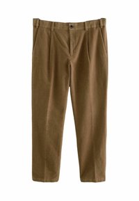 Braune Chinos aus weichem Stoff, mit geradem Schnitt, gepuffter Vorderseite und Knopfverschluss. Keine sichtbaren Taschen oder Muster.