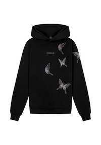 Zwarte hoodie met geborduurde vlinderontwerpen in witte en iriserende draden. Inclusief een capuchon met trekkoord en geribde manchetten.