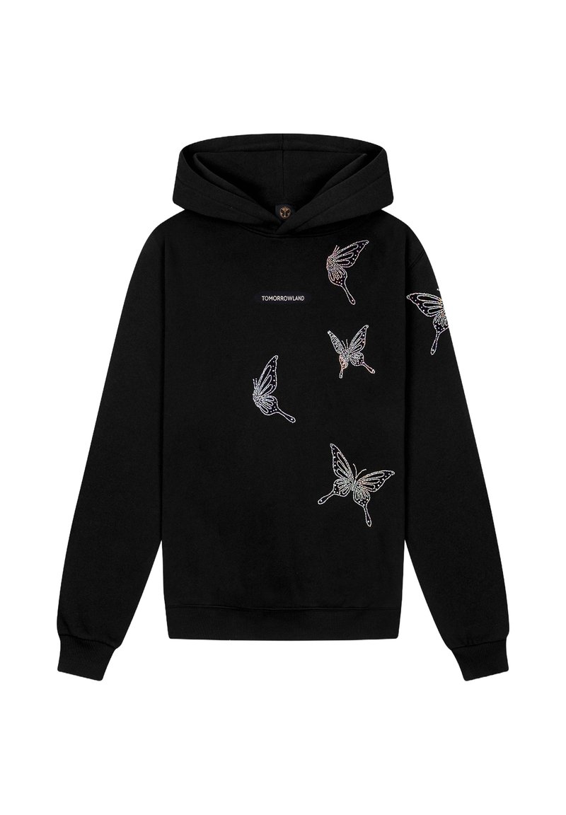 Zwarte hoodie met geborduurde vlinderontwerpen in witte en iriserende draden. Inclusief een capuchon met trekkoord en geribde manchetten.