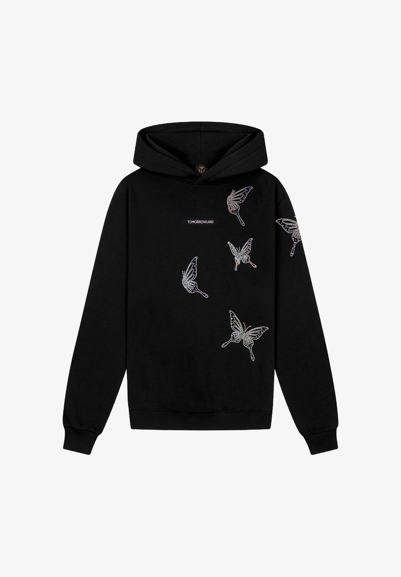Zwarte hoodie met geborduurde vlinderontwerpen in witte en iriserende draden. Inclusief een capuchon met trekkoord en geribde manchetten.