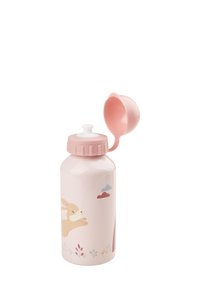 Pink children's water bottle with a flip-top lid, decorated with a playful bunny, clouds, and small colorful plants.