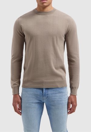 Uomo che indossa un maglione beige a maniche lunghe girocollo e jeans azzurri, in piedi contro uno sfondo grigio chiaro uniforme.