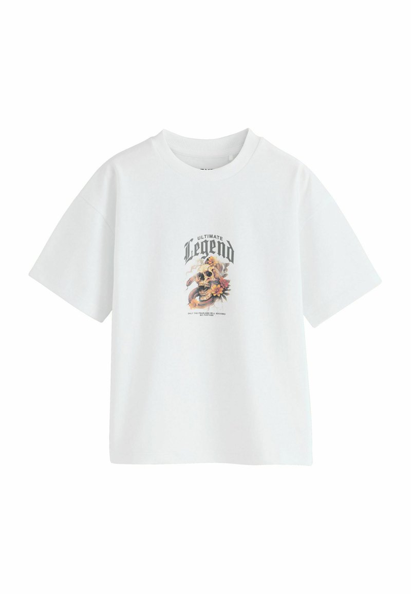 White cotton t-shirt with short sleeves featuring a graphic of a skull and flowers, and the text "ULTIMATE Legend" in black lettering.