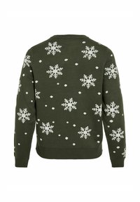 Dark green sweater with white snowflake and dot patterns, featuring long sleeves and ribbed cuffs and hem.