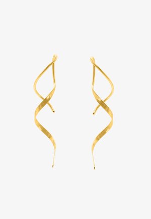 Złote kolczyki z skręconym spiralnym wzorem. Wykonane z gładkiego metalu o błyszczącej powierzchni, są wydłużone i mają unikalny kształt.