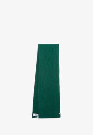 Green ribbed scarf made of knit fabric, featuring a straight design with subtle texture and a small logo tag on one end.