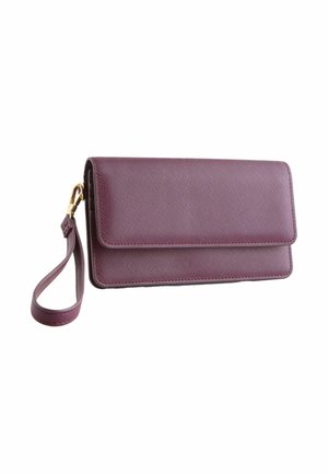 Rectangular purple leather wristlet clutch with textured finish and detachable strap attached by gold clasp.