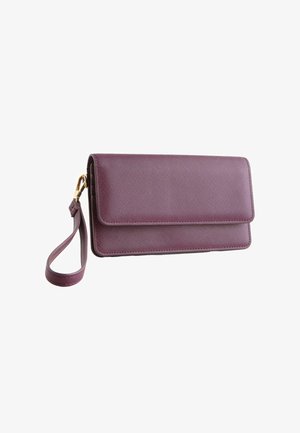 Rectangular purple leather wristlet clutch with textured finish and detachable strap attached by gold clasp.