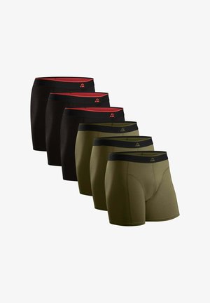 Set aus sechs Boxershorts. Enthält vier schwarze Paare mit roten Bundungen und zwei olivgrüne Paare mit schwarzen Bundungen. Glatte Stofftextur.