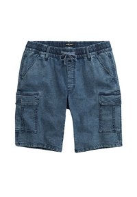 Denim cargo shorts med elastisk midja och dragsko, två sidofickor och två sidofickor för cargo i en medelblå tvätt.
