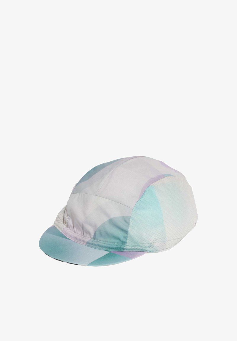 Multicolored cycling cap in soft, lightweight fabric. Features curved visor, panel design with shades of mint green, pale purple, and white.