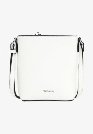 Weißer Lederhandtasche mit glatter Textur, rechteckiger Form, schwarzem Besatz, verstellbarem Schulterriemen und metallischem Logo-Detail.