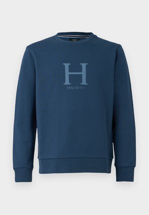Navy Sweatshirt aus Baumwollmischgewebe mit Rundhalsausschnitt, gerippten Bündchen und einem großen hellblauen "H"-Logo mit "HACKETT" darunter.