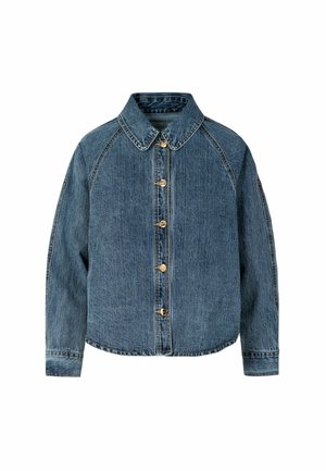 Veste en jean bleu foncé avec col chemise, fermeture à boutons sur le devant et manches longues. Elle présente une coupe décontractée et une texture subtile.