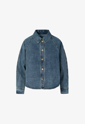 Veste en jean bleu foncé avec col chemise, fermeture à boutons sur le devant et manches longues. Elle présente une coupe décontractée et une texture subtile.